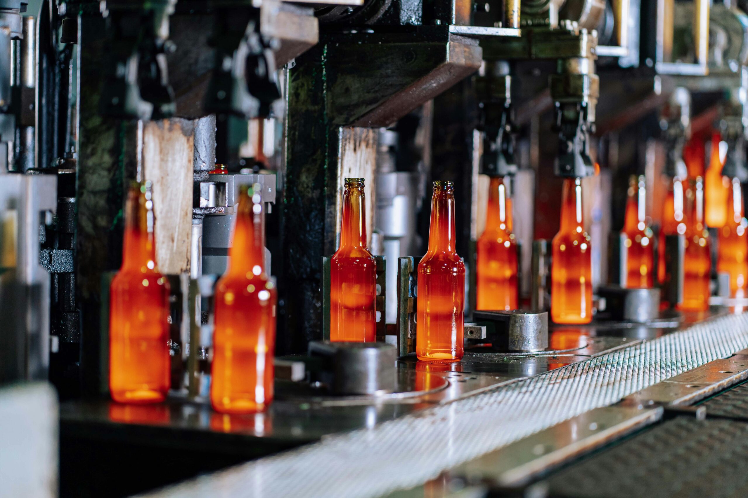 Glass bottles on a production line in a modern glass factory, showcasing industrial automation.